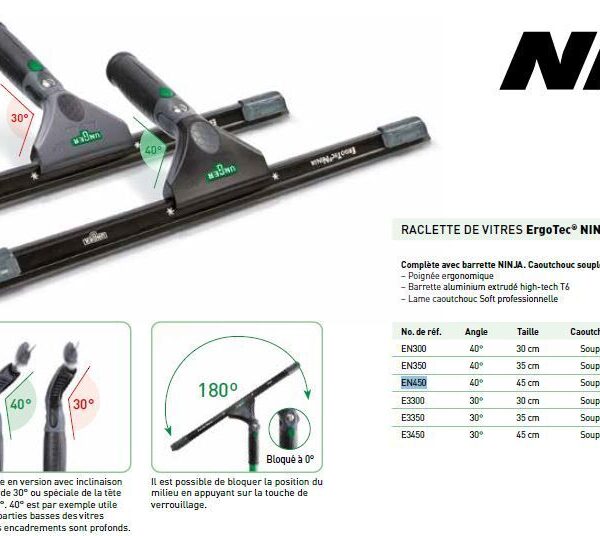 Raclette vitres complête caoutchouc souple NINJA (45cm)